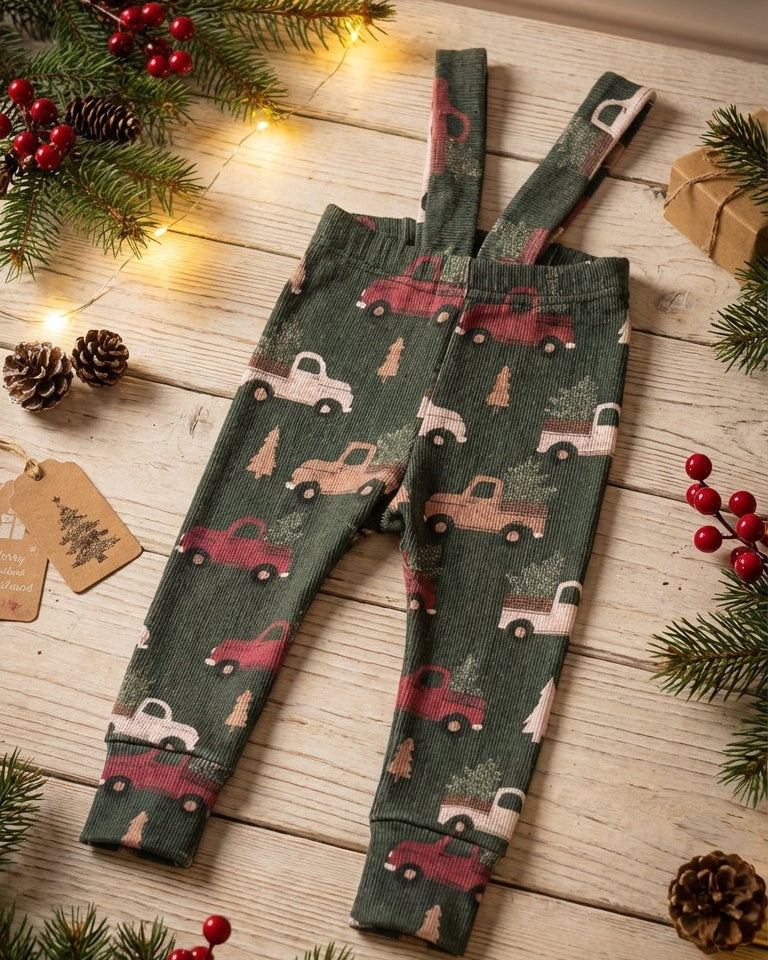 Rebrované dlhé legíny s trakmi Vianočné autíčka